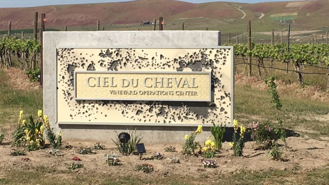Ciel Du Cheval vineyard operations center monument sign in Red Mountain, Washington.