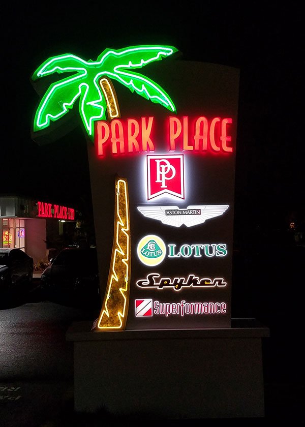 Park Place Motors neon monument sign